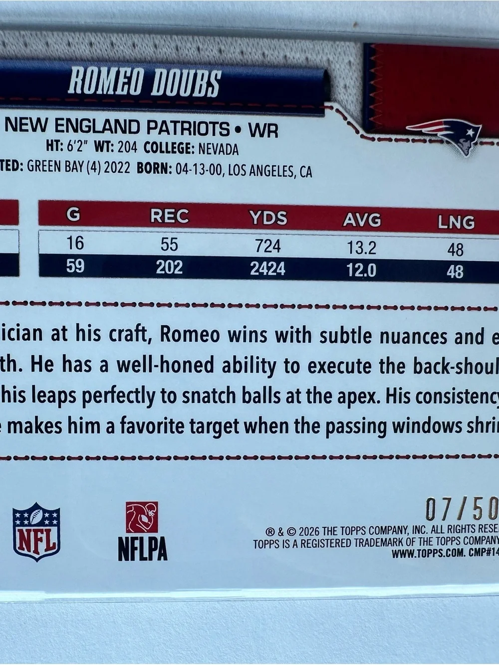 Romeo Doubs Topps Football card Patriots 1st season. Parallel. Number 7/50